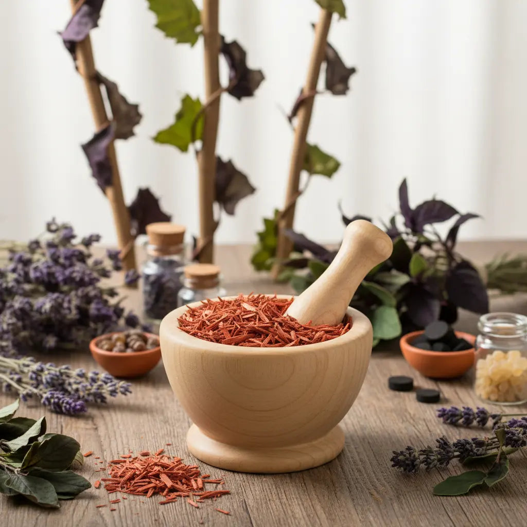 Bois de santal rouge pour fumigation, fins copeaux brun-rouge dans un mortier en bois clair avec pilon, entouré de lavande et herbes séchées.