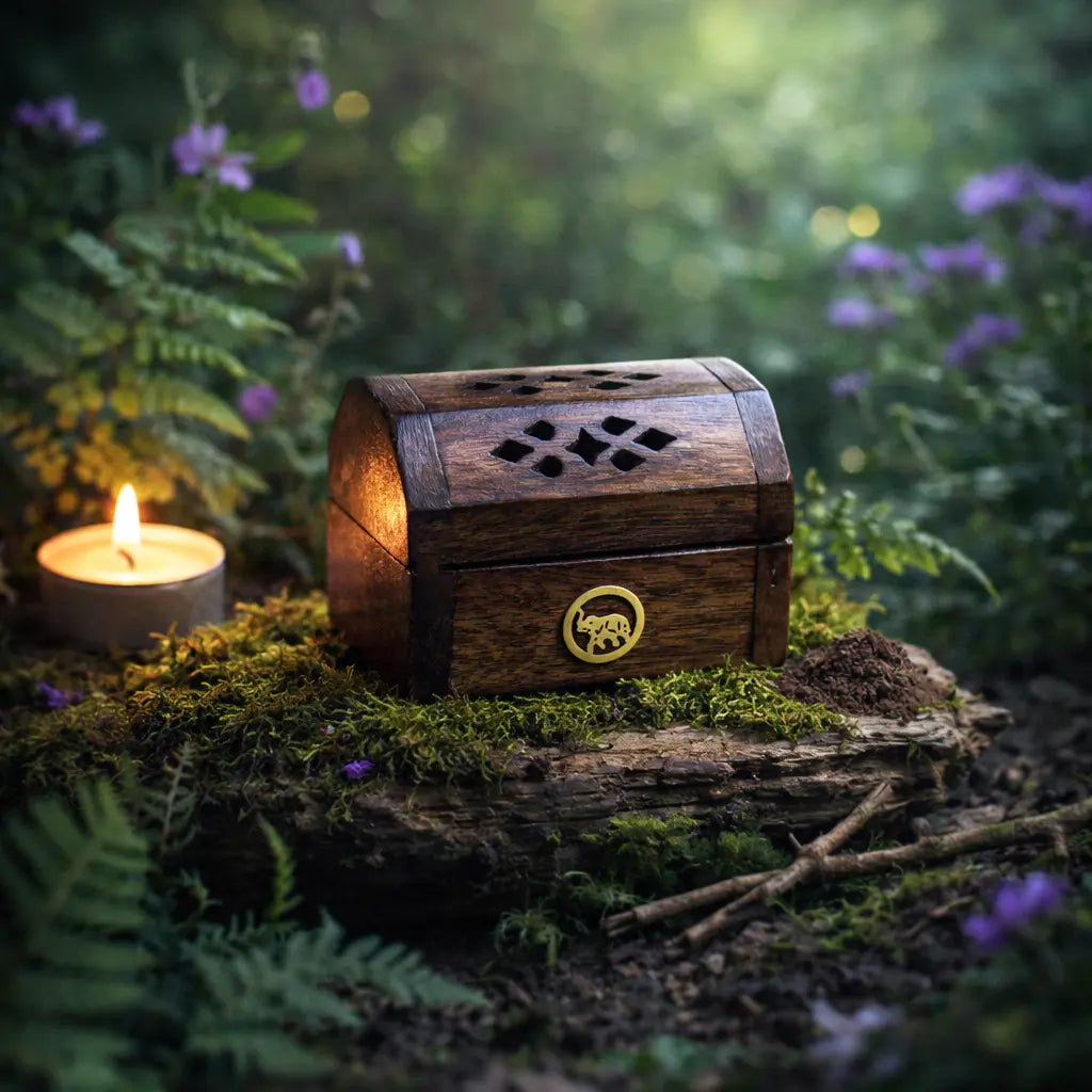 Boîte porte encens en bois de manguier pour cônes avec couvercle ajouré et incrustations en laiton.