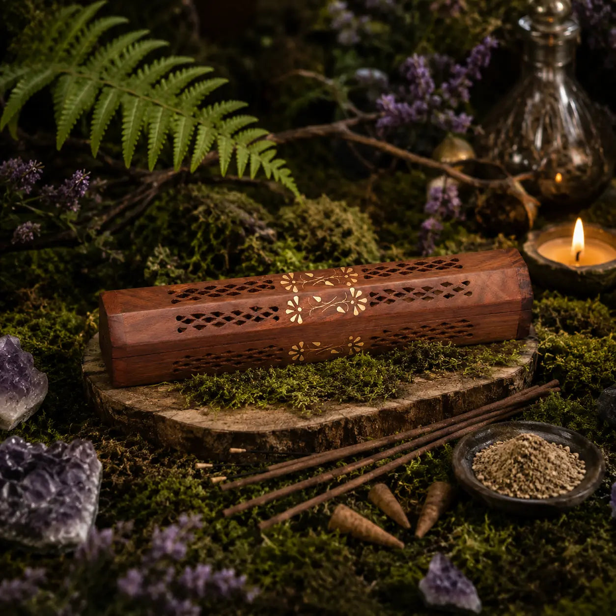 Boîte Porte encens Sculptée - Incrustation Florale