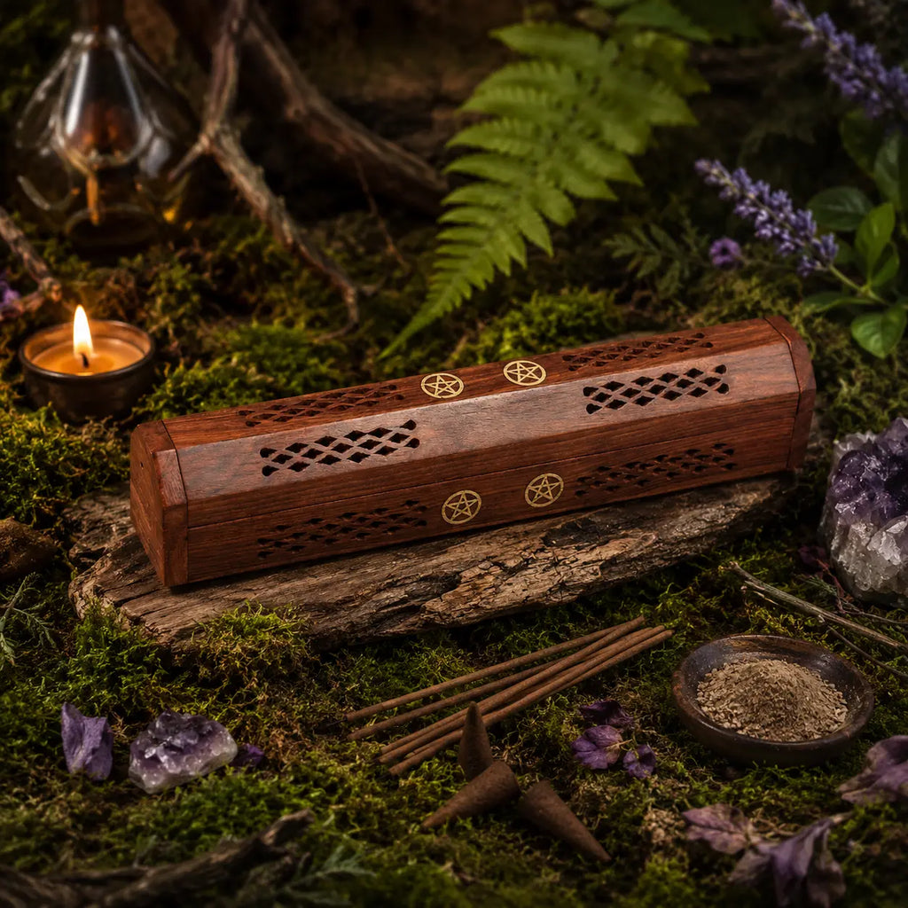 Boîte porte-encens en bois foncé sculptée de losanges ajourés et incrustée de pentacles en laiton, posée sur une écorce en forêt entourée d'améthystes et de cônes d'encens.