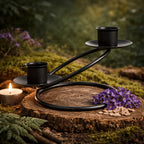 Bougeoir fer forgé noir - double anneaux au design entrelacé pour deux chandelles de rituel fines.