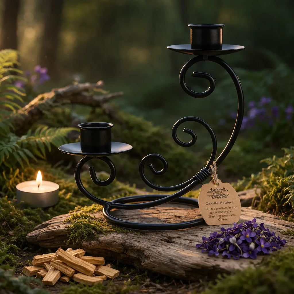 Bougeoir fer forgé noir - double haut aux formes spiralées pour deux chandelles de rituel.