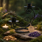 Bougeoir fer forgé noir - double haut aux formes spiralées pour deux chandelles de rituel.