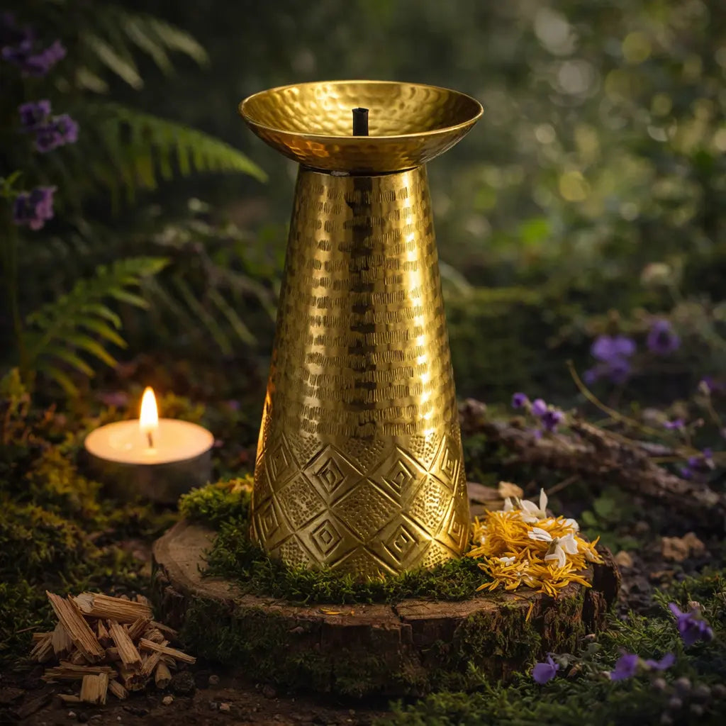 Bougeoir oriental kasbah doré de 22 cm en aluminium avec pointe centrale pour fixer un cierge large.