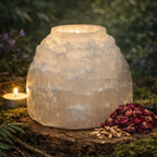 Bougeoir en sélénite blanche en forme de montagne brute pour bougie chauffe-plat.