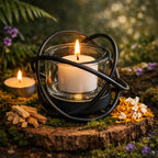 Un photophore moderne en verre et métal noir contenant une bougie allumée, mis en scène sur une tranche de bois entourée de mousse, de fleurs séchées et de copeaux de bois dans une ambiance naturelle et chaleureuse.