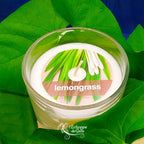 Bougie naturelle parfumée "lemongrass" dans un contenant en verre transparent, mise en scène sur un lit de grandes feuilles vertes.