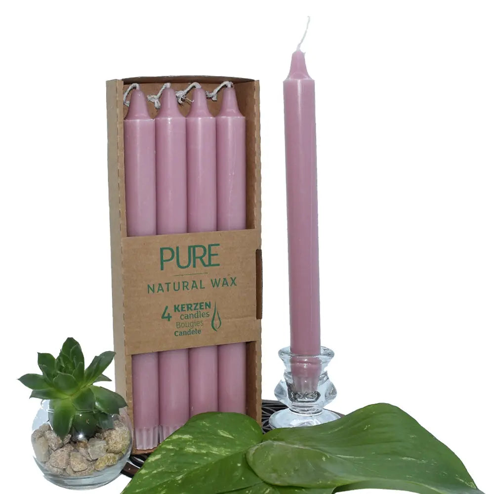 Bougies chandelles “PURE – Natural Wax” : lot de 4 bougies roses (rose clair) dans un étui carton, avec une chandelle rose présentée à côté dans un bougeoir en verre (mise en scène avec feuilles vertes + petite succulente).