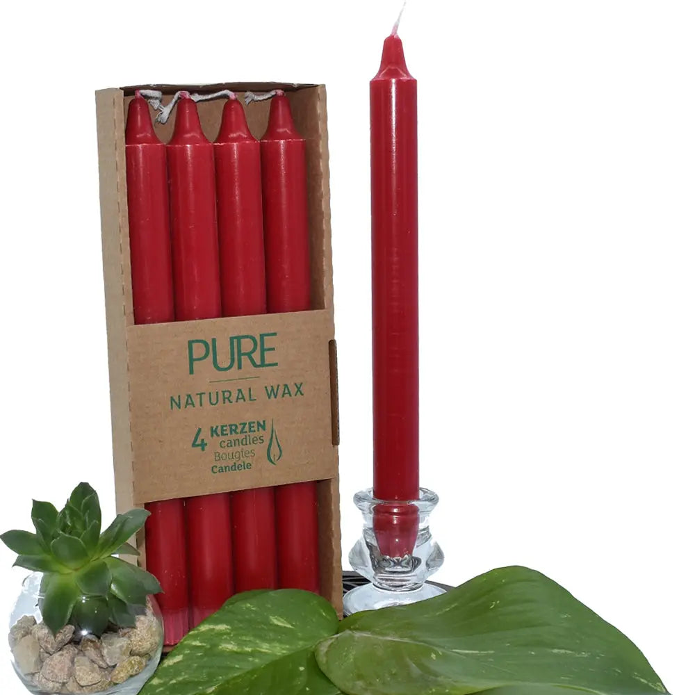 Bougies chandelles “PURE – Natural Wax” : lot de 4 bougies rouges dans un étui carton, avec une chandelle rouge présentée à côté dans un bougeoir en verre (mise en scène avec feuilles vertes + petite succulente).
