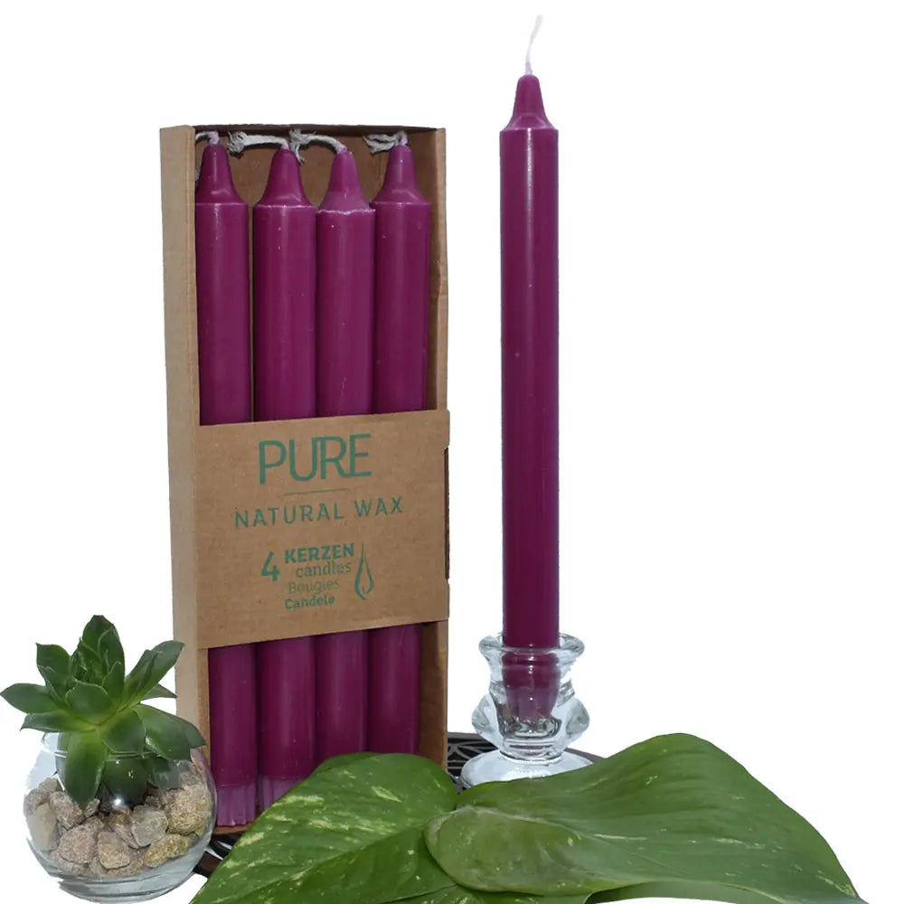 Bougies chandelles “PURE – Natural Wax” : lot de 4 bougies violettes dans un étui carton, avec une chandelle violette présentée à côté dans un bougeoir en verre (mise en scène avec feuilles vertes + petite succulente).