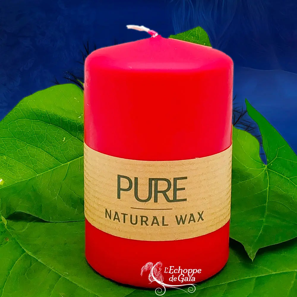 Bougie pilier rouge en cire naturelle « PURE », avec étiquette beige, posée sur des feuilles vertes (L’Echoppe de Gaïa).