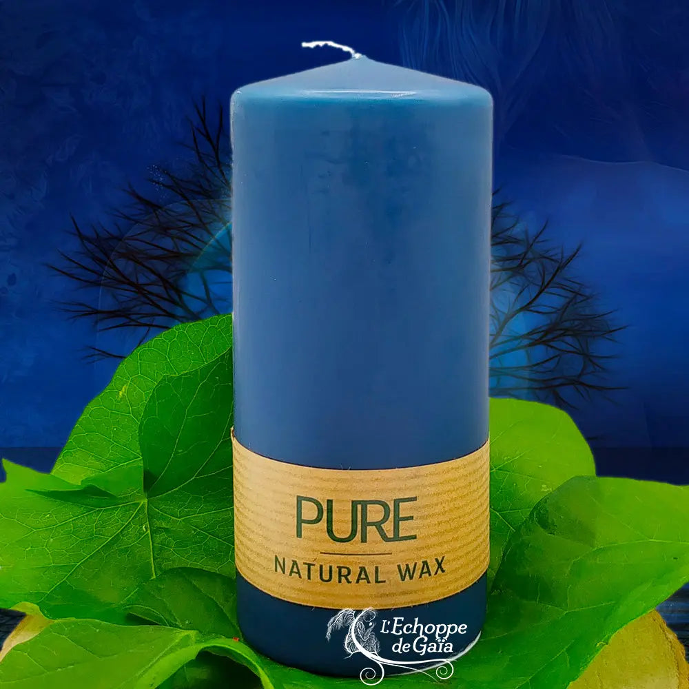 Bougie pilier bleu nuit en cire naturelle « PURE », avec étiquette beige, posée sur des feuilles vertes (L’Echoppe de Gaïa).