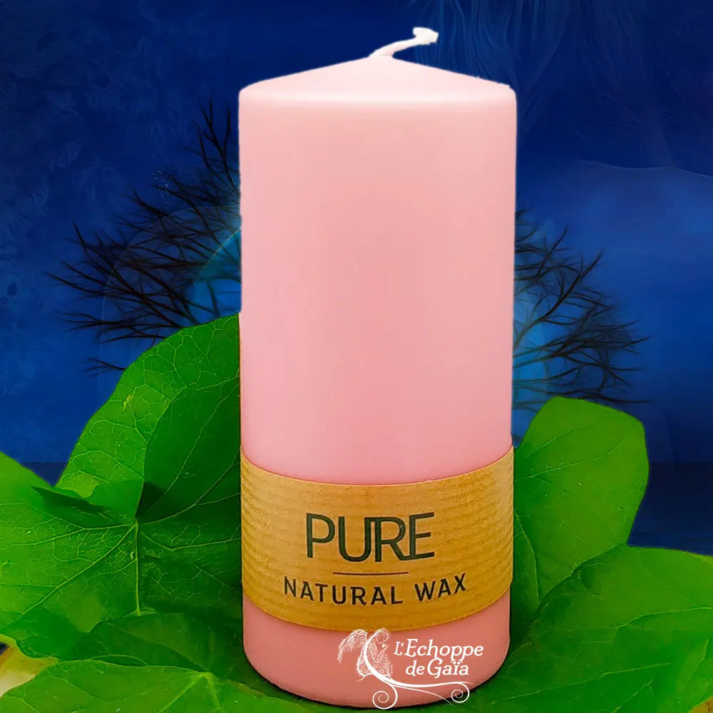 Bougie pilier rose en cire naturelle « PURE », avec étiquette beige, posée sur des feuilles vertes (L’Echoppe de Gaïa).