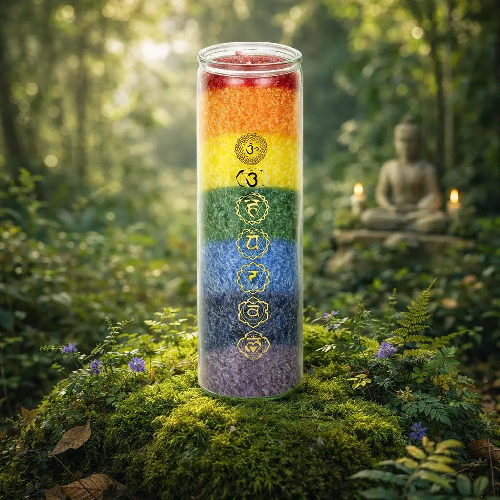 Grande bougie pilier arc-en-ciel des 7 chakras en verre recyclé posée dans un jardin zen.