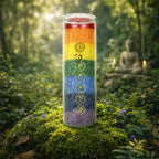 Grande bougie pilier arc-en-ciel des 7 chakras en verre recyclé posée dans un jardin zen.