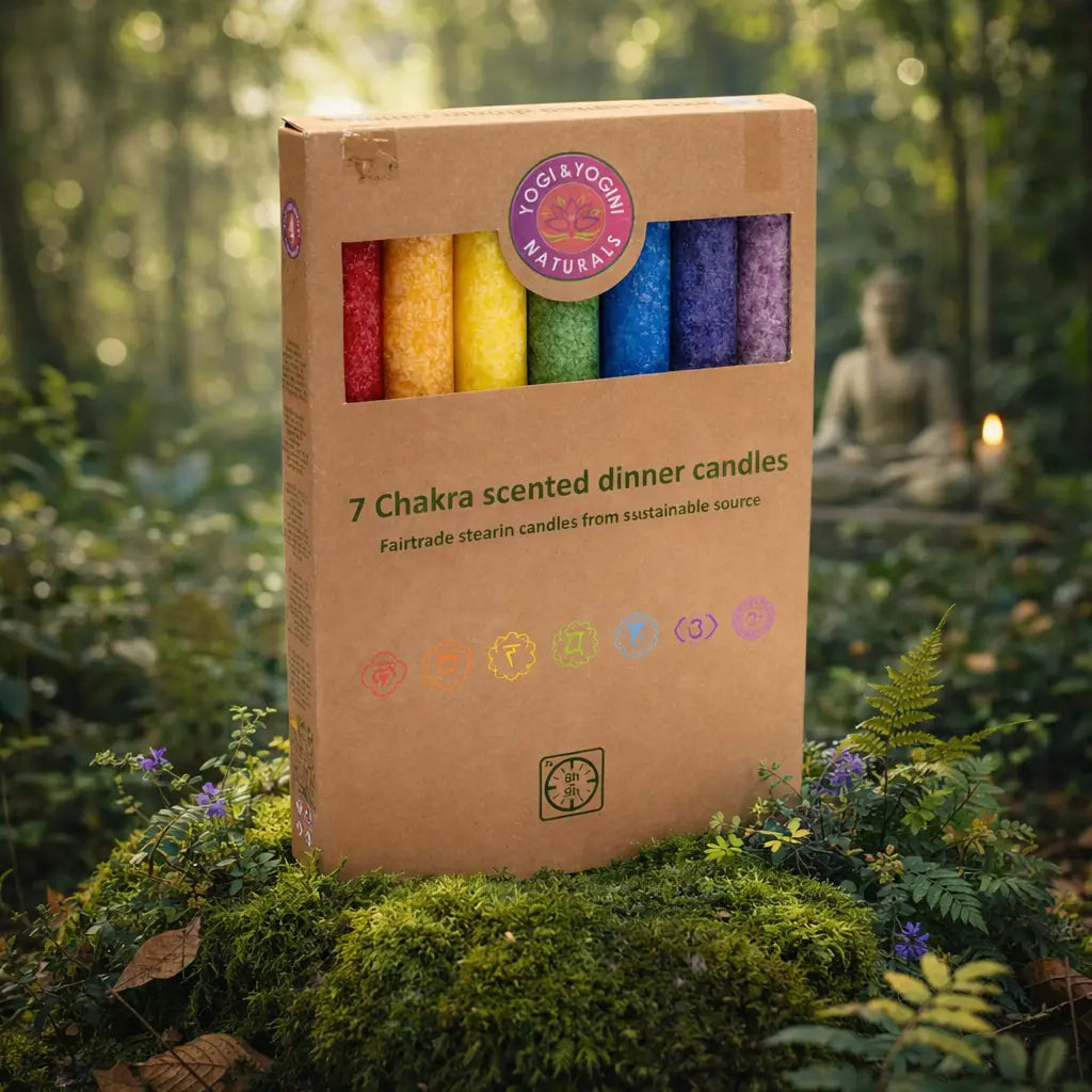 Coffret de 7 bougies longues colorées représentant les 7 chakras aux huiles essentielles pures posé sur de la mousse.