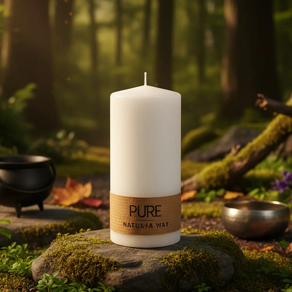 Bougie Cylindre Blanc 40h Pure Candle avec bandeau papier naturel, posée sur un rocher moussu en forêt, entourée d'accessoires de magie blanche.