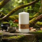 Bougie Cylindre Blanc 52h Pure Candle posée sur un rocher plat en forêt, accompagnée d'un petit chaudron et d'un bol chantant, symbolisant la purification naturelle et la magie blanche.
