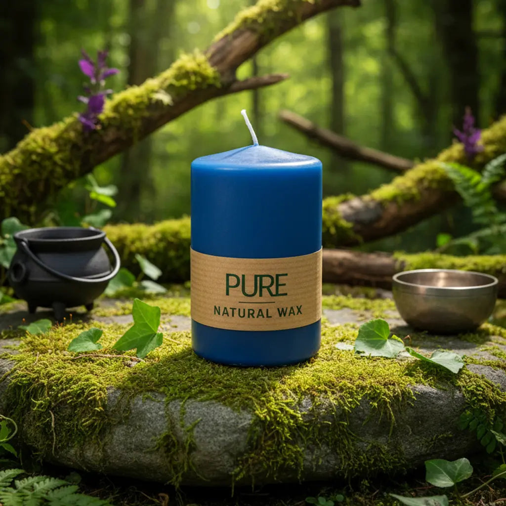 Bougie Cylindre Bleu Nuit 25h Pure Candle posée sur un rocher moussu en forêt, accompagnée d'un chaudron et d'un bol chantant, évoquant la magie nocturne et la sagesse.