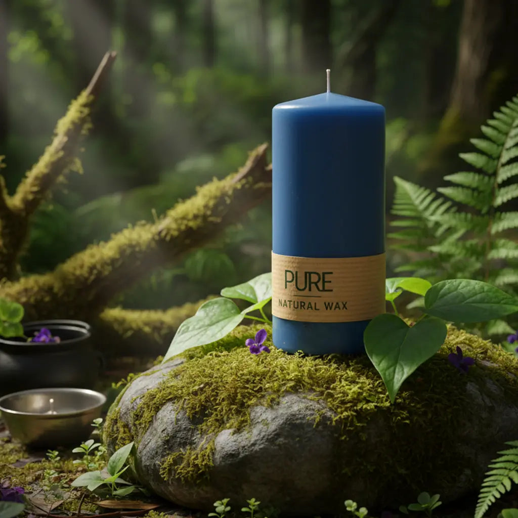 Bougie Cylindre Bleu Nuit 40h Pure Candle avec son bandeau en papier naturel, posée sur un rocher moussu en forêt, entourée d'un bol chantant pour un rituel de méditation nocturne.