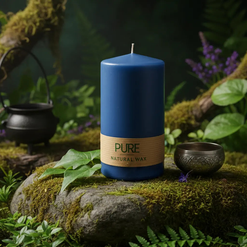 Bougie Cylindre Bleu Nuit 52h Pure Candle avec son bandeau naturel, posée sur un rocher moussu en forêt avec un bol chantant, évoquant la méditation nocturne.
