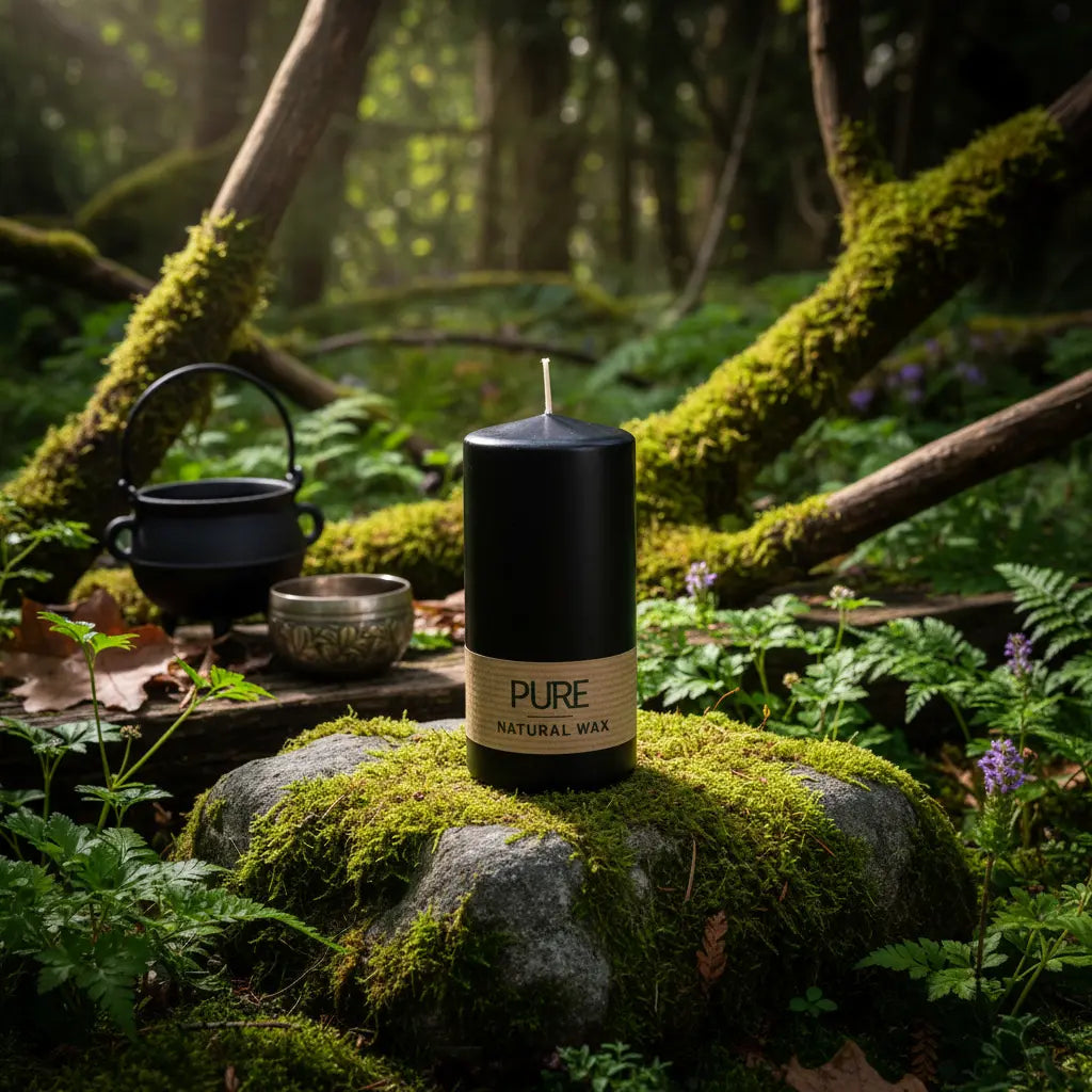 Bougie Cylindre Noir 40h Pure Candle avec son bandeau naturel, posée sur un rocher sombre et moussu en forêt, accompagnée d'un chaudron pour un rituel de protection.