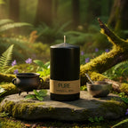 Bougie Cylindre Noir 52h Pure Candle avec son bandeau naturel, posée sur un rocher sombre et moussue en forêt, accompagnée d'un chaudron pour un rituel de protection et de bannissement.