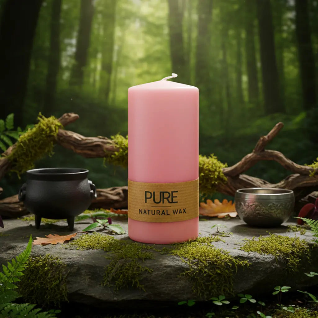 Bougie Cylindre Rose Antique 40h Pure Candle avec son bandeau en papier naturel, posée sur un rocher moussu en forêt.