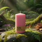 Bougie Cylindre Rose Antique 52h Pure Candle avec son bandeau en papier naturel, posée sur un rocher moussu en forêt, entourée d'un bol chantant pour un rituel d'amour et de guérison.
