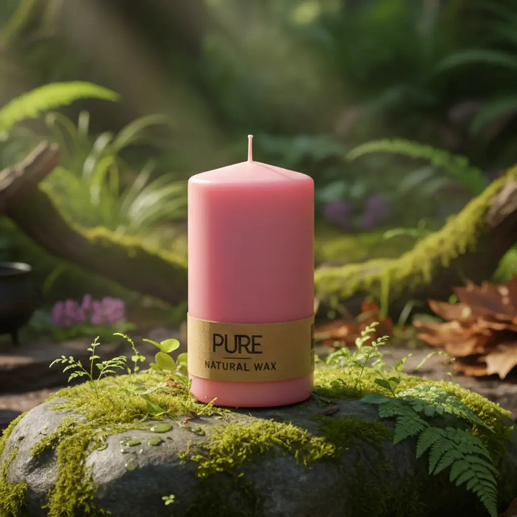 Bougie Cylindre Rose Antique 52h Pure Candle avec son bandeau en papier naturel, posée sur un rocher moussu en forêt, entourée d'un bol chantant pour un rituel d'amour et de guérison.