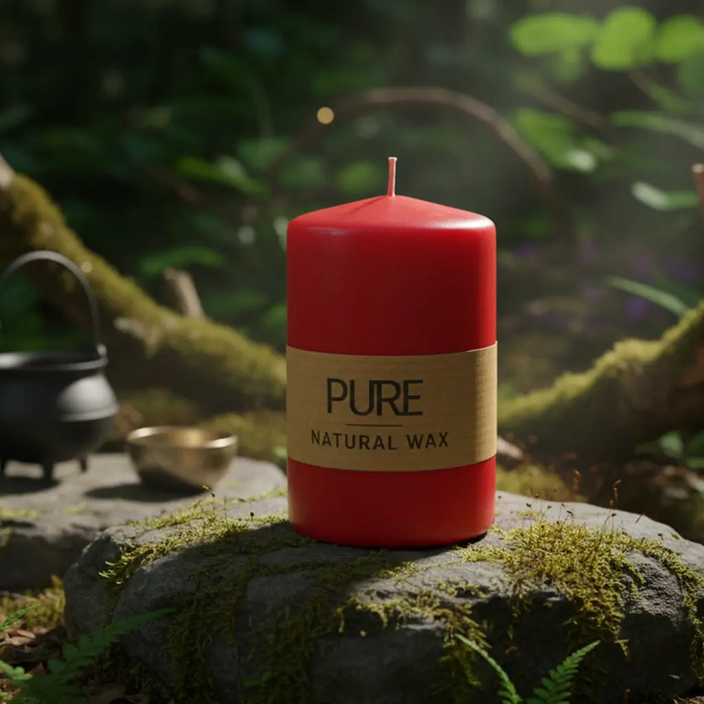 Bougie Cylindre Rouge 25h Pure Candle avec son bandeau naturel, posée sur un rocher moussu en forêt, accompagnée d'un petit chaudron pour un rituel de force et de vitalité.