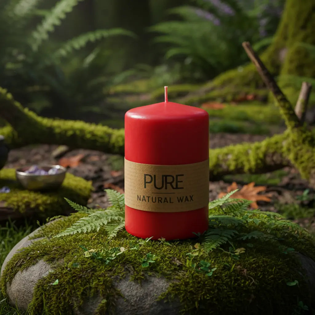 Bougie Cylindre Rouge 40h Pure Candle posée sur un rocher couvert de mousse et de fougères en forêt, évoquant la vitalité, l'ancrage à la terre et la magie naturelle.