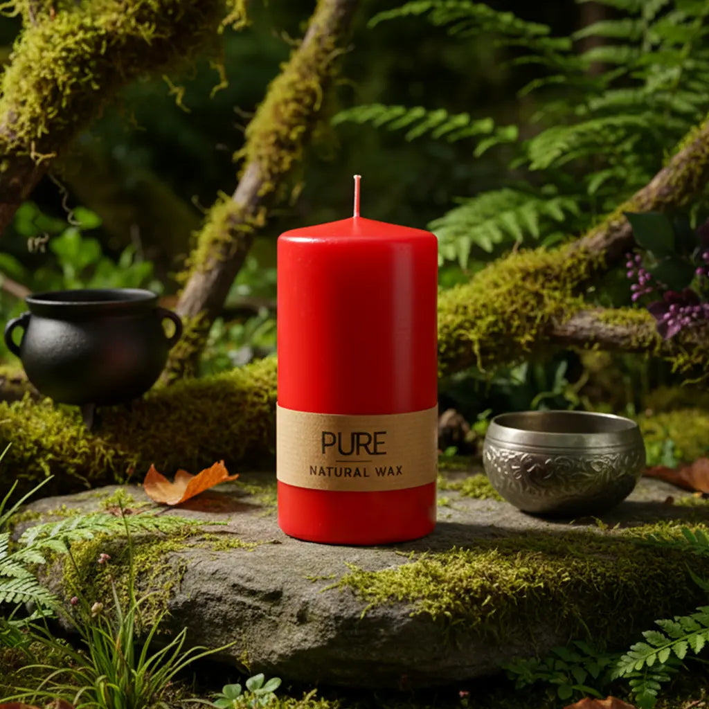 Bougie Cylindre Rouge 52h Pure Candle avec son bandeau en papier naturel, posée sur un rocher moussu en forêt, entourée d'un chaudron pour un rituel de force et de vitalité.