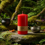 Bougie Cylindre Rouge 52h Pure Candle avec son bandeau en papier naturel, posée sur un rocher moussu en forêt, entourée d'un chaudron pour un rituel de force et de vitalité.