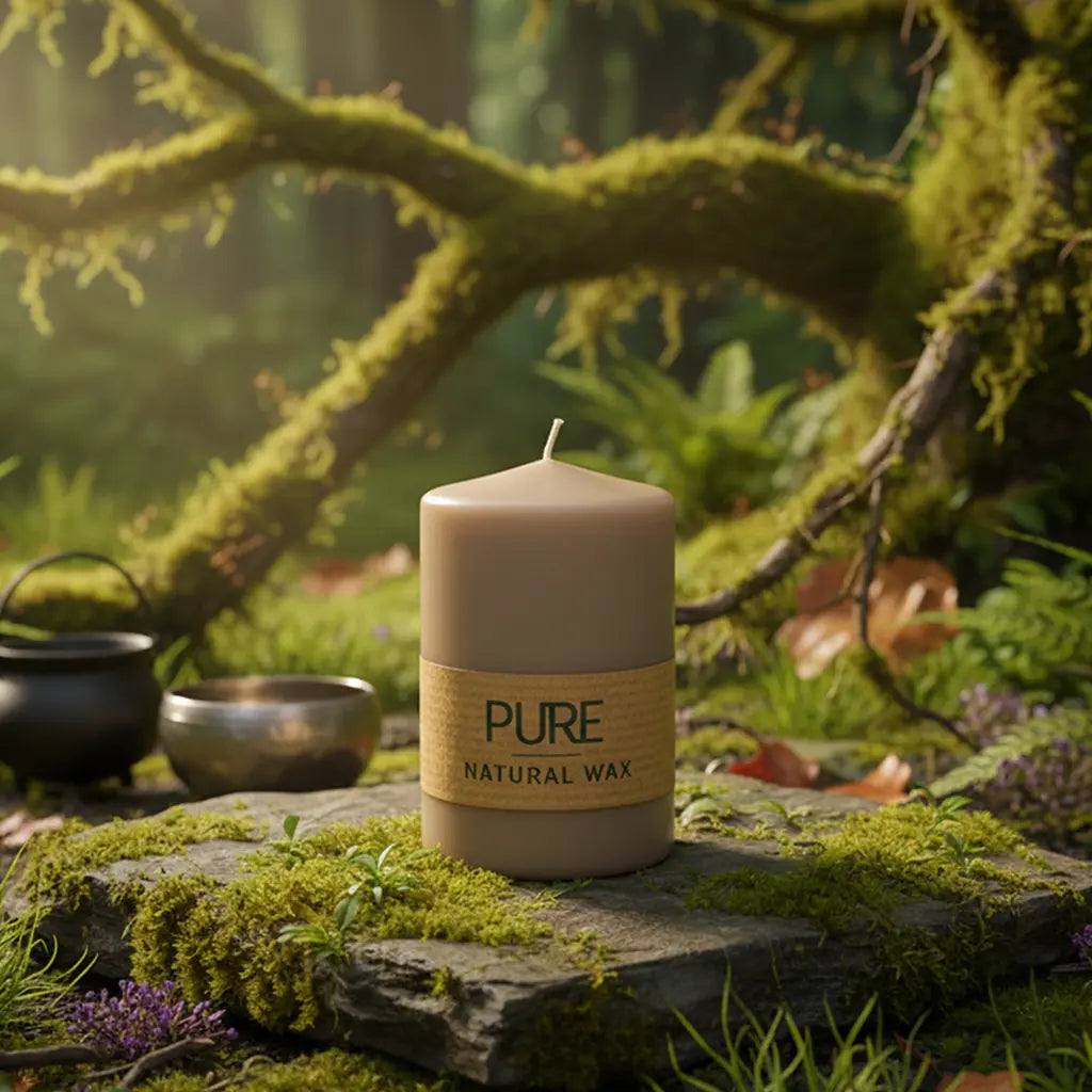 Bougie Cylindre Sable 25h Pure Candle avec son bandeau naturel, posée sur un rocher moussu en forêt, entourée d'un bol chantant pour un rituel d'ancrage et de calme.