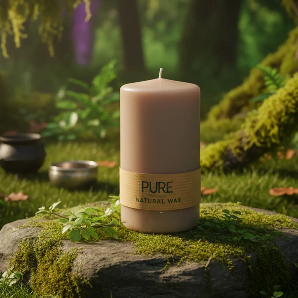 Bougie Cylindre Sable 52h Pure Candle avec son bandeau en papier naturel, posée sur un rocher moussu en forêt, entourée d'un bol chantant pour un rituel d'ancrage à la terre.