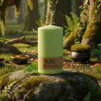 Bougie Cylindre Vert Tendre 52h Pure Candle avec son bandeau en papier naturel, posée sur un rocher moussu en forêt, entourée d'un bol chantant pour un rituel de renouveau et de guérison.