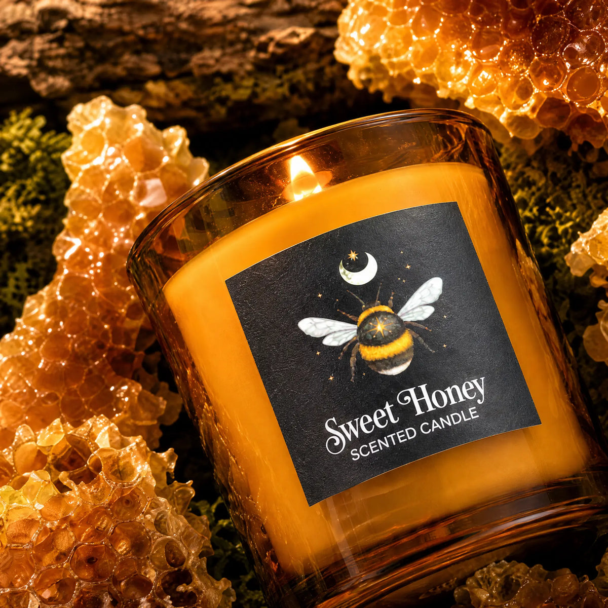 Gros plan sur la bougie parfumée Sweet Honey allumée dans son pot en verre ambré, entourée de rayons de cire d'abeille et d'alvéoles dorées gorgées de miel.   