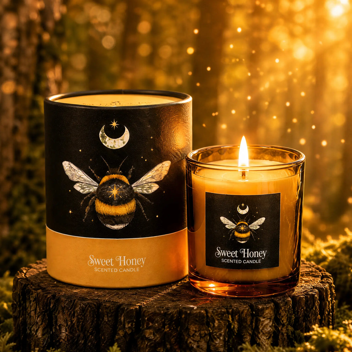 Bougie parfumée Sweet Honey allumée dans son pot en verre ambré à côté de sa boîte cylindrique, posée sur une souche d'arbre dans une forêt enchantée et lumineuse.   