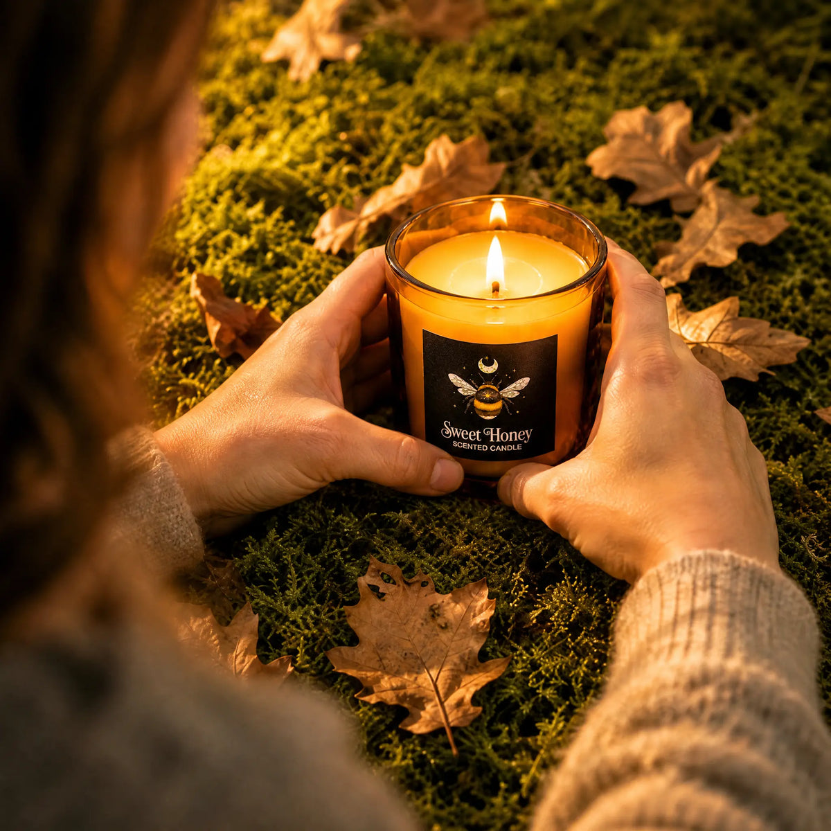 Bougie parfumée Sweet Honey allumée tenue entre deux mains, posée sur un lit de mousse parsemé de feuilles mortes d'automne.   