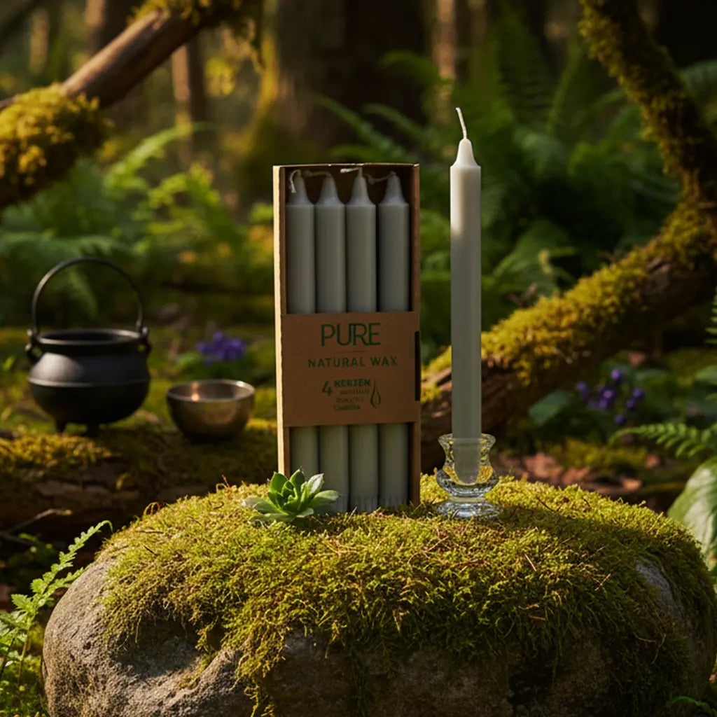Boîte de 4 bougies longues gris perle Pure Candle dressée sur un rocher moussu en forêt, accompagnée d'un petit chaudron et d'un bol chantant pour un rituel de neutralité.