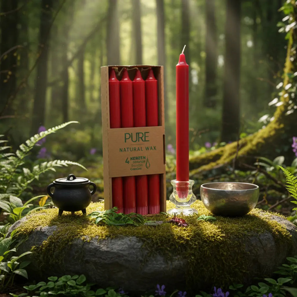 Boîte de 4 bougies longues rouges Pure Candle posée verticalement sur un rocher moussu en forêt, accompagnée d'un petit chaudron et d'un bol chantant pour un rituel d'énergie.