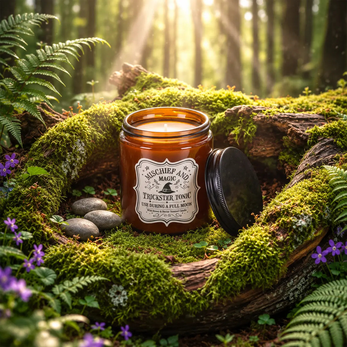 Bougie parfumée Trickster Tonic miel sauvage et nectar dans son pot en verre ambré avec couvercle noir entrouvert, posée dans un creux d'arbre tapissé de mousse et de galets au cœur d'une forêt ensoleillée.   