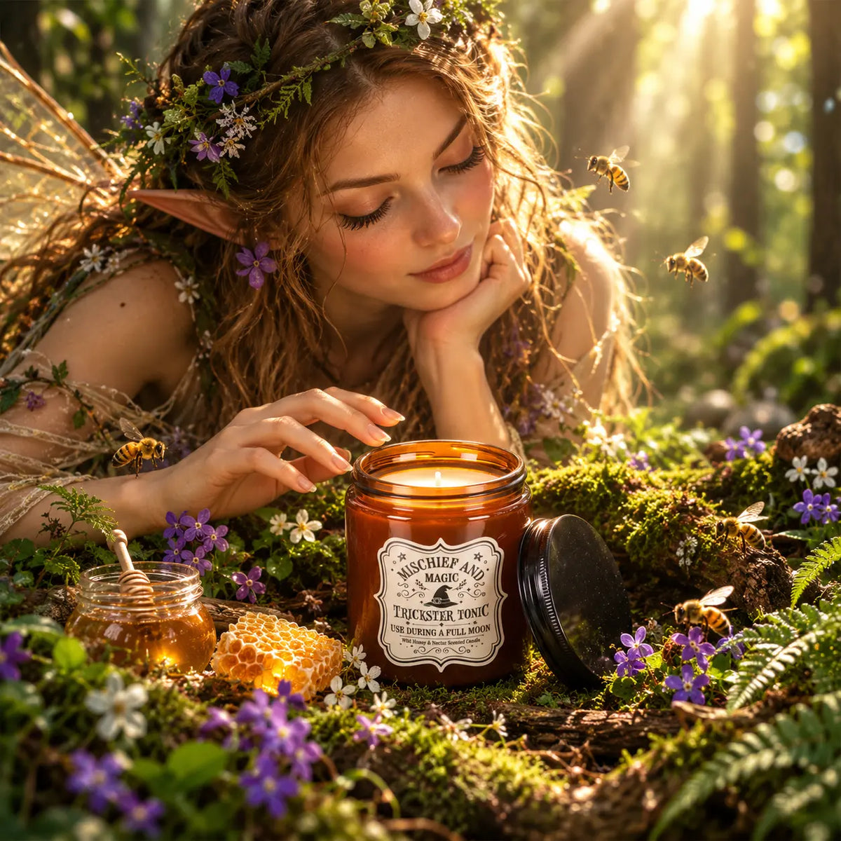 Bougie parfumée Trickster Tonic miel sauvage et nectar allumée dans un pot ambré, contemplée par une fée des bois entourée d'abeilles, d'un rayon de miel et de fleurs sauvages.   