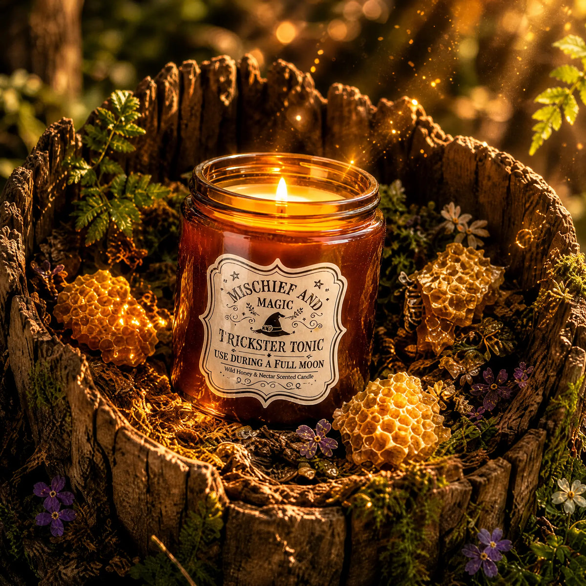 Bougie parfumée Trickster Tonic miel sauvage et nectar allumée dans son pot en verre ambré, installée au creux d'une souche de bois avec des rayons de miel dorés, de la mousse et de petites fleurs sauvages sous une lumière féerique.   