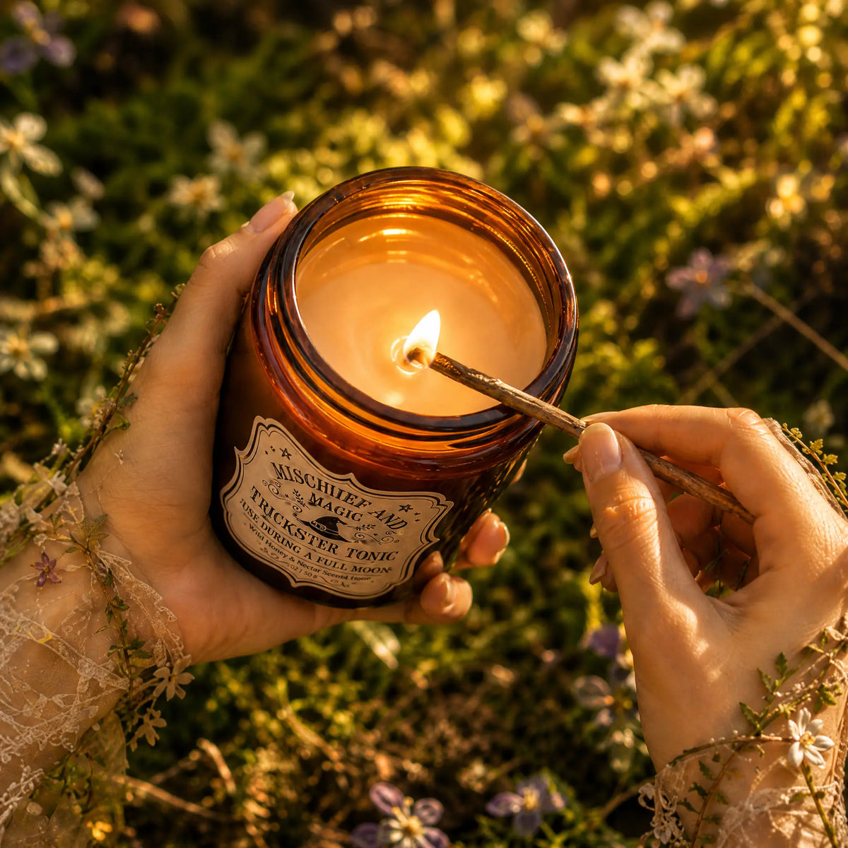 Mains tenant et allumant la bougie parfumée Trickster Tonic miel sauvage et nectar dans son pot en verre ambré avec une allumette en bois, au-dessus d'un parterre de fleurs champêtres baigné de soleil couchant.   