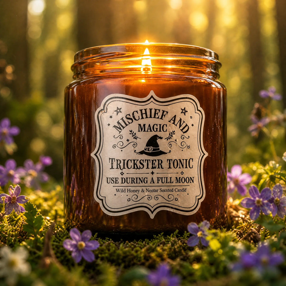 Bougie Parfumée Miel Sauvage et Nectar allumée dans son pot apothicaire ambré posé sur de la mousse et des fleurs violettes.   