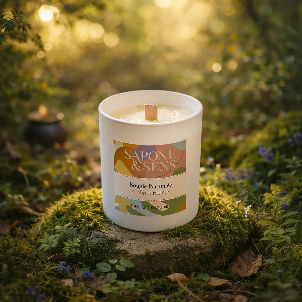 Bougie parfumée artisanale Ambre Précieux avec mèche en bois posée sur un socle de mousse en forêt.
