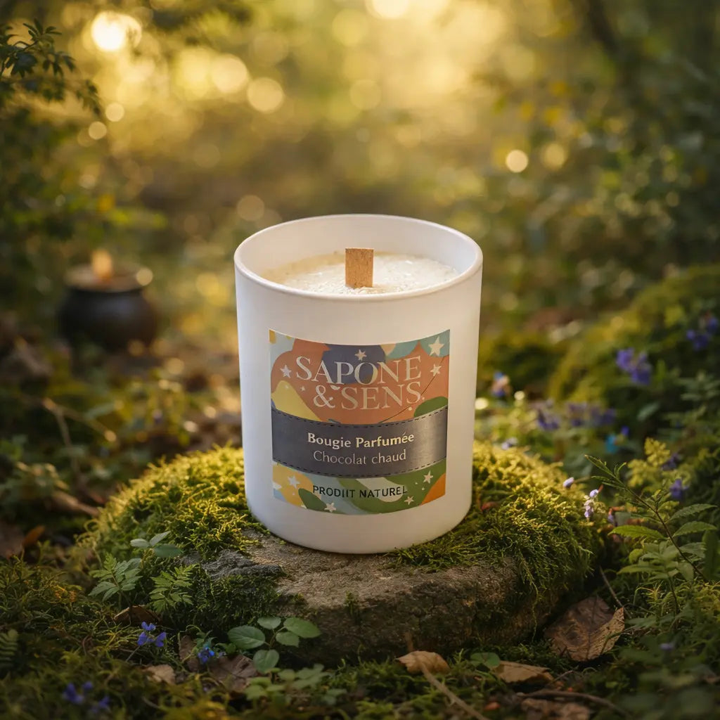 Bougie parfumée artisanale Chocolat Chaud mèche bois crépitante sur un socle de pierre et mousse en forêt.