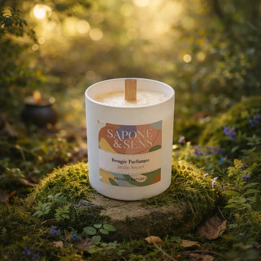 Bougie parfumée artisanale Jardin Secret avec mèche en bois sur un socle de mousse en pleine nature.